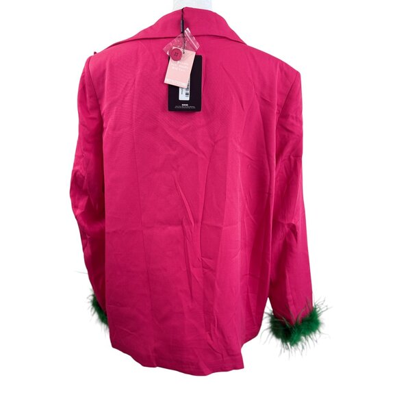 NWT PrettyLittleThing Hot Pink Oversized Blazer with Green Feather Cuffs - Picture 5 of 7